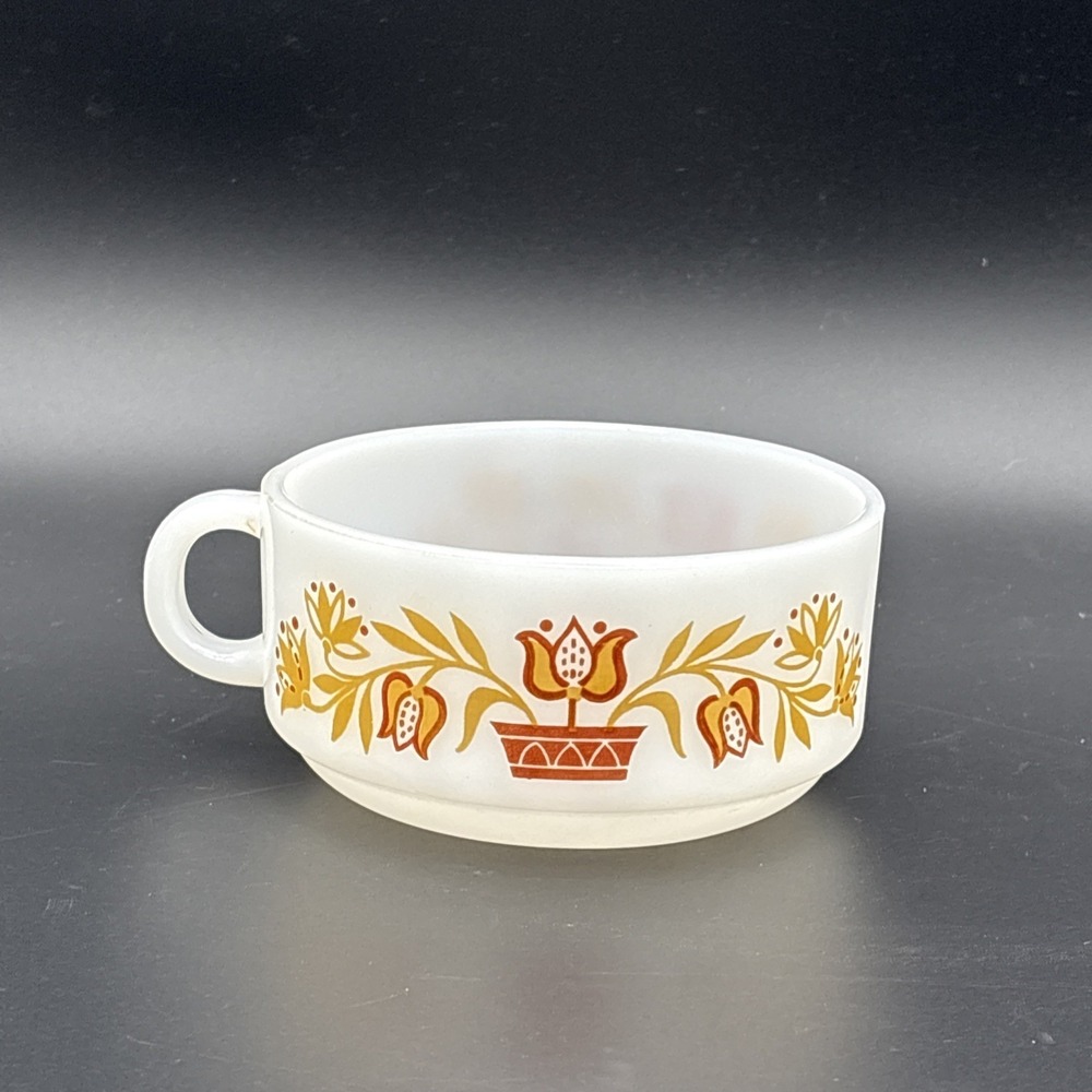 Vintage Glasbake J-2711 Milk Glass Soup Mug Dutch Potted Tulip Design MCM USA